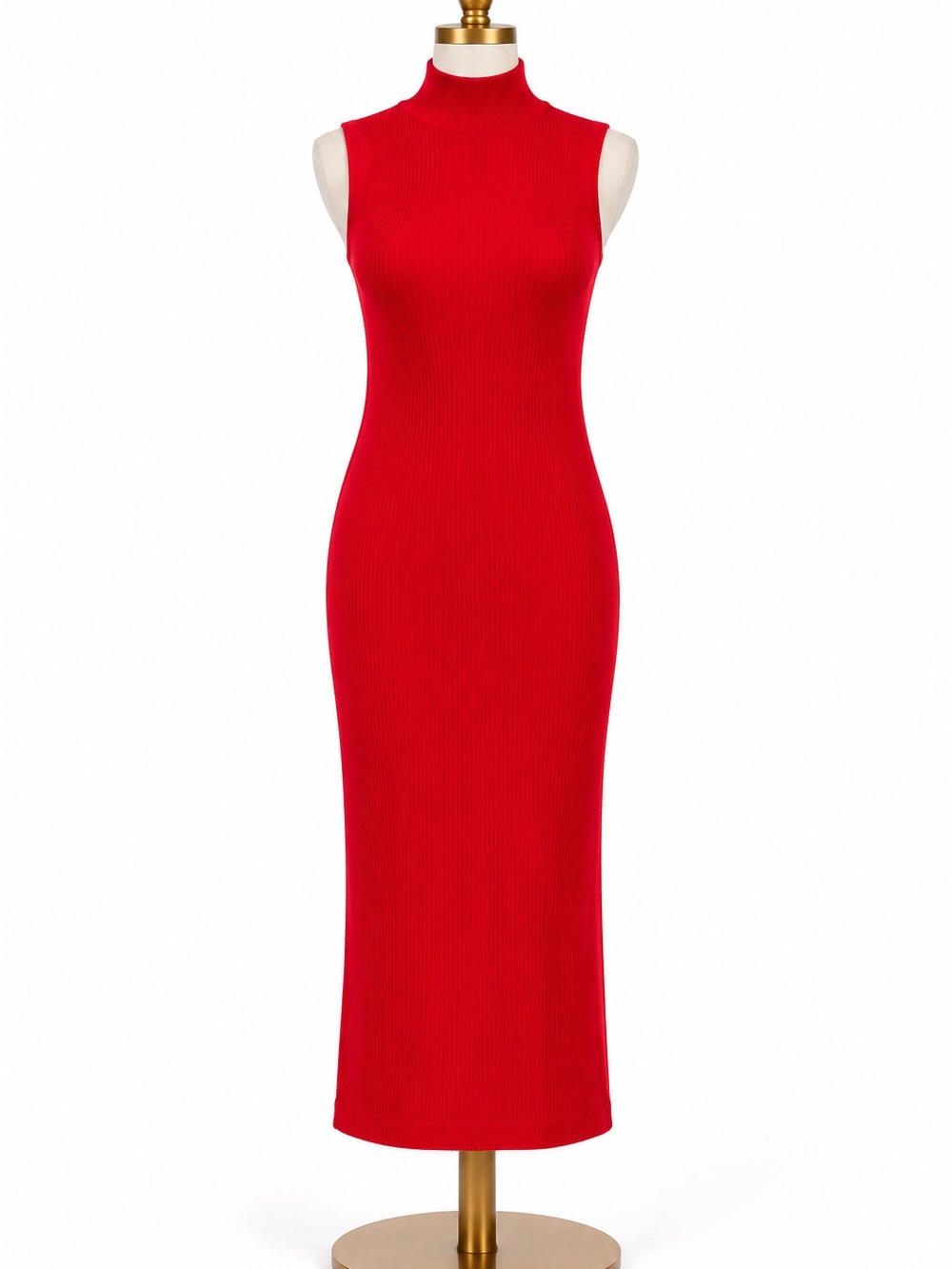 Sleeveless Ribbed High-Neck Red Midi Dress